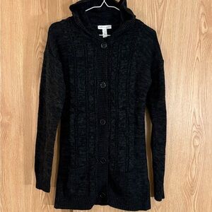 Ambiance Cozy Black Cable Knit Hooded Long Cardigan Sweater